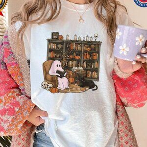 Reading Books T-shirt, Librarian Ghost Halloween Tee